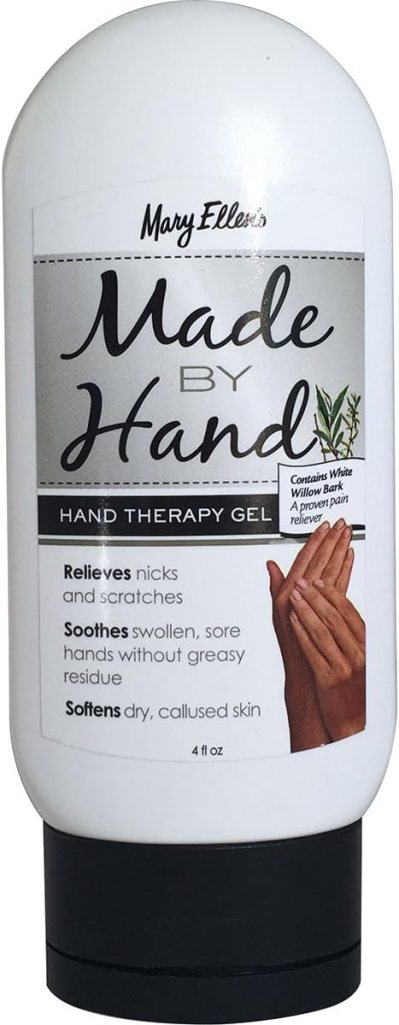A bottle of Made By Hand hand therapy gel from Mary Ellen Products, labeled with benefits including relief for nicks and scratches, soothing for swollen hands, and softening dry skin.