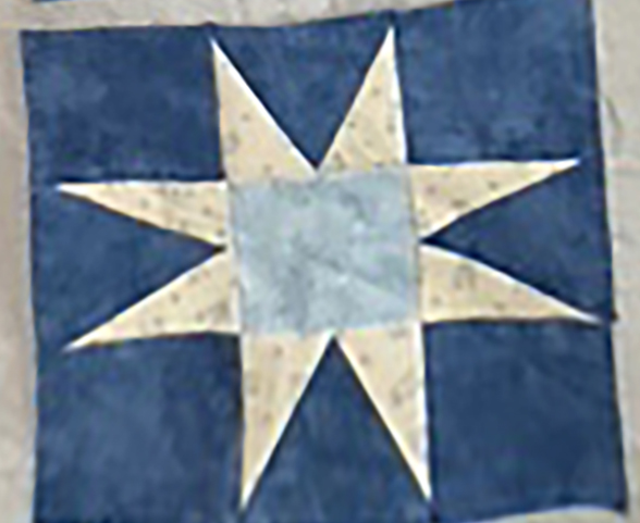 Quilt block design featuring a star pattern in shades of blue and cream.
