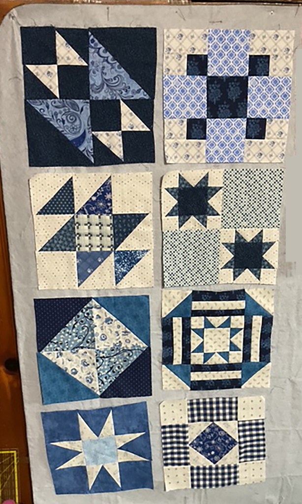Nine quilt blocks arranged on a fabric background, featuring a variety of blue and cream patterns in traditional quilting designs.
