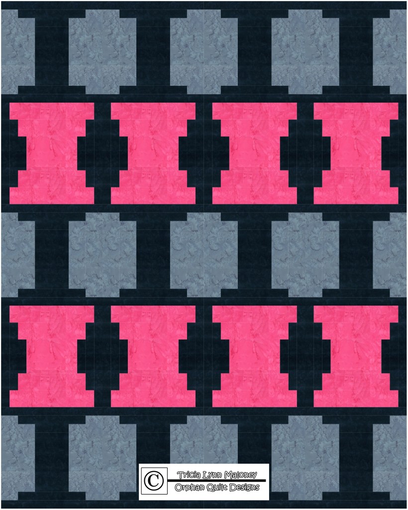 A quilt design featuring a central pink pattern framed by dark and light gray rectangles, creating a geometric composition.
