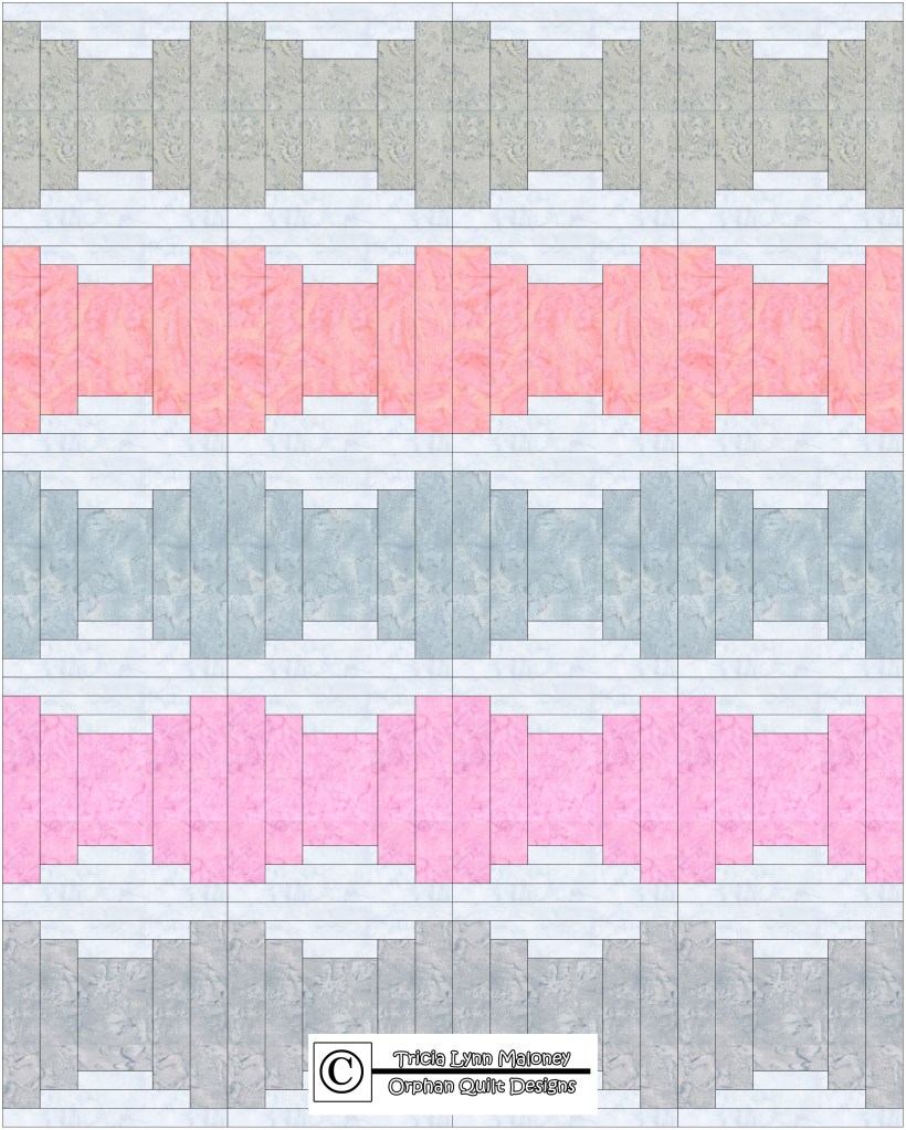 A digital quilt design showcasing alternating blocks of the Courthouse Steps pattern in shades of pink and gray, framed by light blue fabric strips.