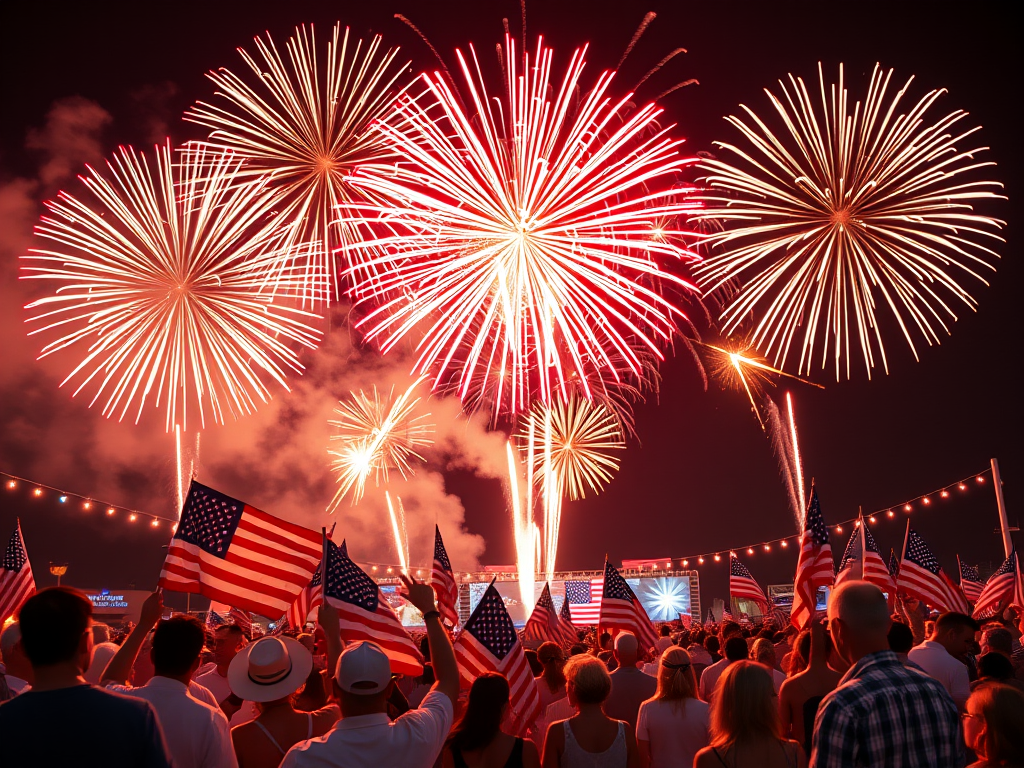 A crowd of people holding American flags enjoy a fireworks display on July 4th, celebrating Independence Day.