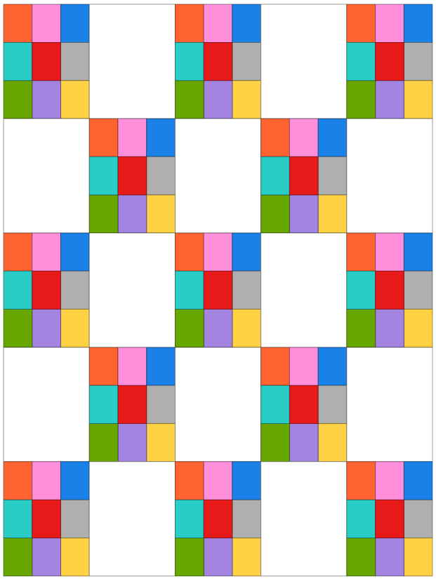 A colorful quilt design featuring a Nine Patch block layout with vibrant squares in various colors arranged in a grid pattern.