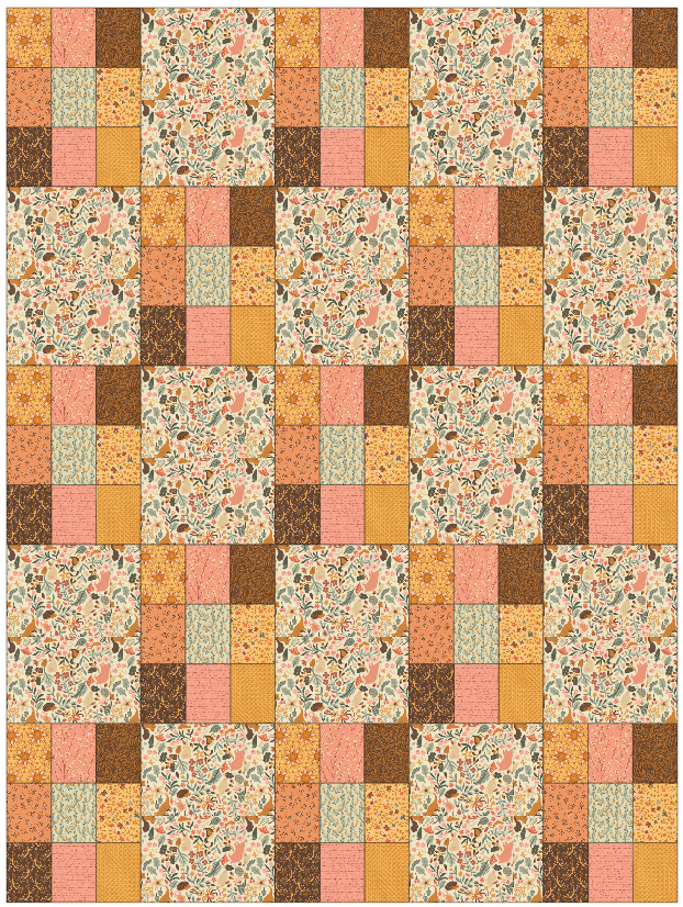 A colorful quilt design featuring a pattern of patches in various colors and floral prints, arranged in a grid layout.