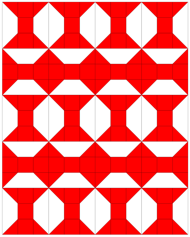 Quilt design featuring a repetitive pattern of spool blocks in red and white.