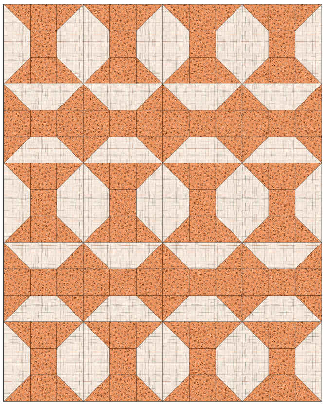 A quilt layout featuring a Spool block design in a 3x3 arrangement with orange and white color scheme.