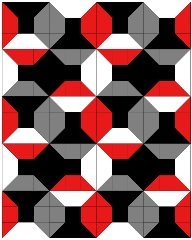 Colorful quilt design featuring a repeating pattern of red, black, gray, and white shapes arranged in a geometric layout.