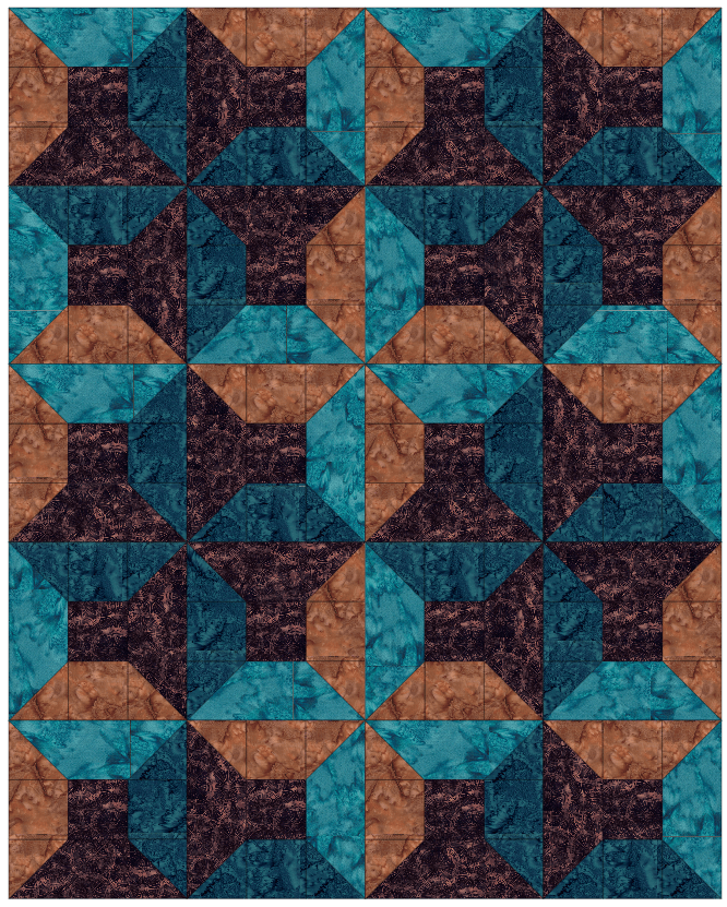 A quilt design showcasing multiple Spool blocks arranged in a 4x4 grid, featuring a combination of brown, teal, and dark purple fabrics.