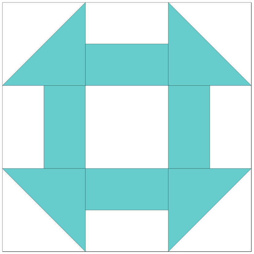 A digital illustration of a Courthouse Steps quilt block design featuring a central square surrounded by rectangles and triangles in a light teal color.