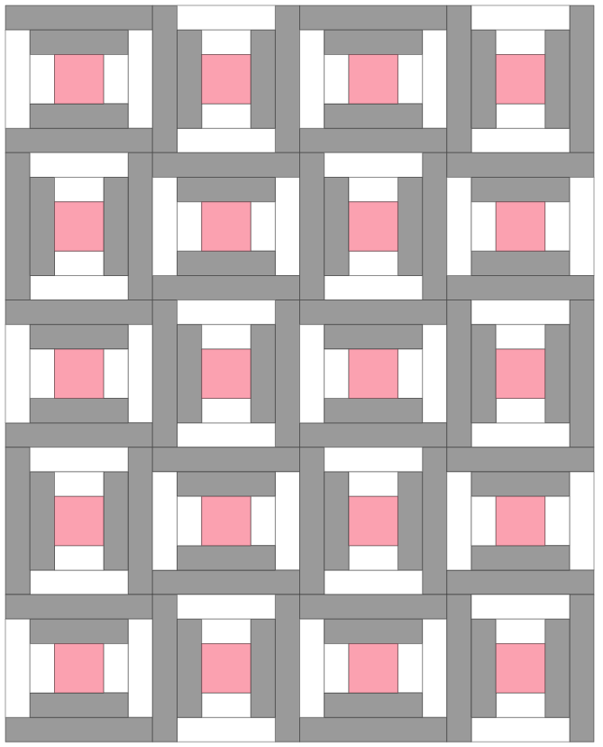 A quilt design featuring alternating Courthouse Steps blocks in shades of gray, pink, and white arranged in a grid pattern.