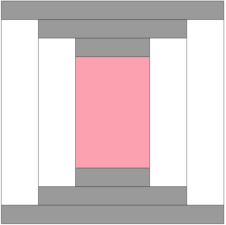 Diagram of the Courthouse Steps quilt block design featuring a central pink square surrounded by gray rectangles.