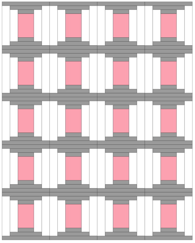 A digital representation of a Courthouse Steps quilt block design featuring a central pink square surrounded by white and gray rectangles, arranged in a grid layout.