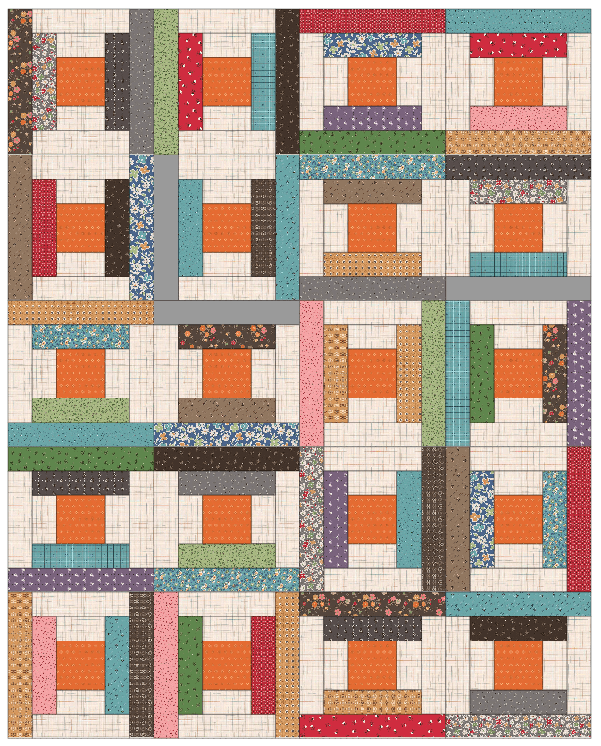 A patchwork quilt featuring a Courthouse Steps block design with a variety of colorful fabrics arranged in a grid layout.