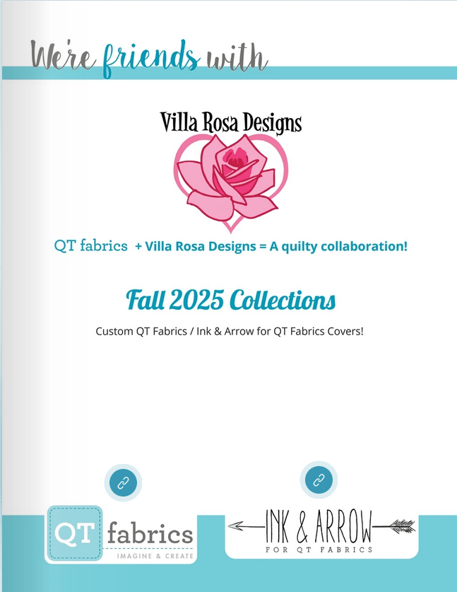 Image featuring the logos of QT Fabrics and Villa Rosa Designs, highlighting their collaboration for Fall 2025 collections.