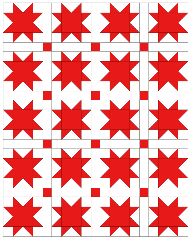 A quilt design featuring multiple Sawtooth Star blocks in red and white, arranged in a grid pattern.