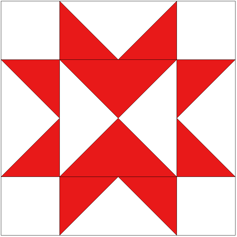 A quilt block design featuring a Sawtooth Star pattern in vibrant red and white colors, arranged in a grid layout.