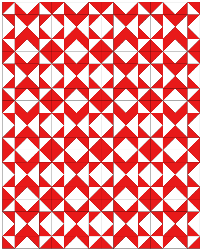 Quilt pattern featuring a repeating design of red and white Sawtooth Star blocks arranged in a grid layout.