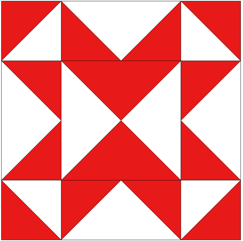 Quilt block pattern featuring a red and white Sawtooth Star design.