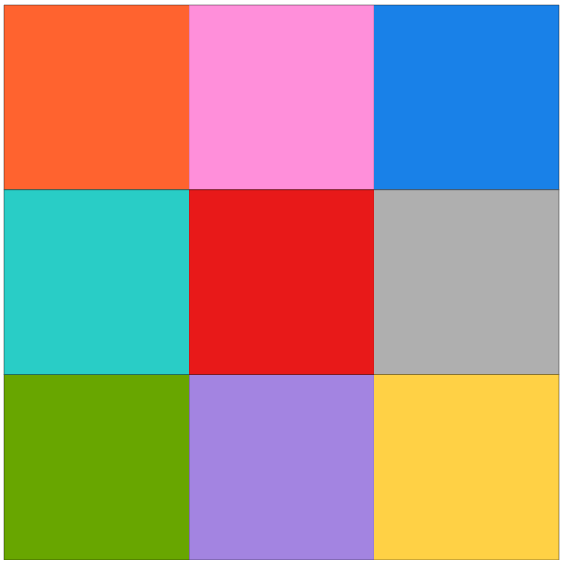 A colorful grid of quilt squares featuring orange, pink, blue, turquoise, red, gray, green, purple, and yellow in a 3x3 layout.