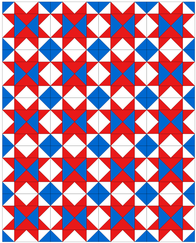 Quilt design featuring a pattern of Sawtooth Star blocks in red, white, and blue colors arranged in a grid layout.