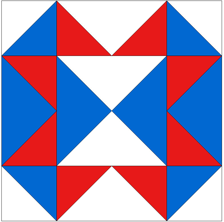 Illustration of a Sawtooth Star quilt block featuring red and blue triangular segments arranged around a central white square.