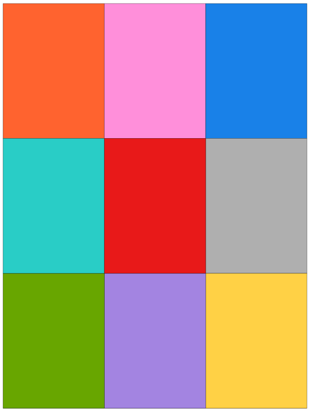 A colorful Nine Patch quilt block design featuring seven squares in various bright colors: orange, pink, blue, teal, red, gray, green, purple, and yellow.