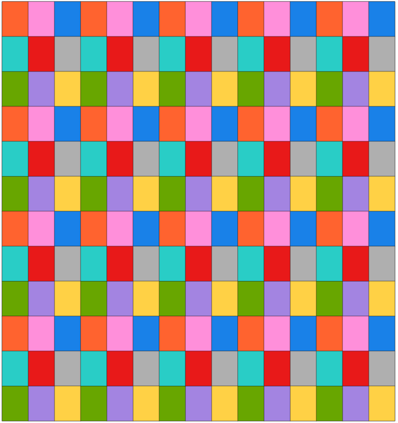 A colorful Nine Patch quilt block design featuring a grid of squares in various vibrant colors including red, blue, green, yellow, purple, pink, orange, and grey.