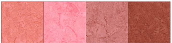 A selection of four fabric swatches in varying shades of pink and red, showcasing different textures and patterns.