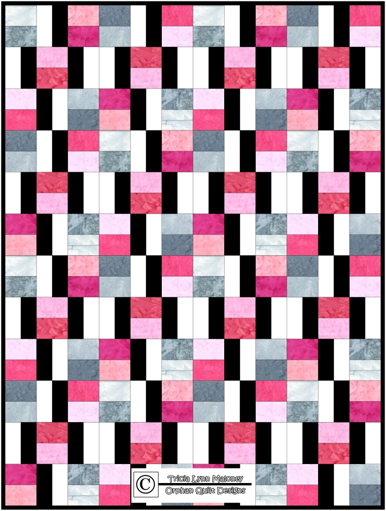 A colorful quilt design featuring a variety of rectangular and square blocks in pink, gray, and white, arranged in a patterned layout with black borders.