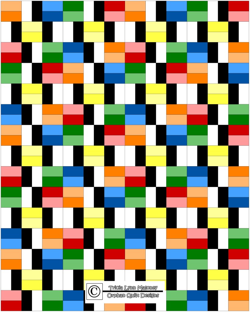 Colorful nine patch quilt layout featuring vibrant rectangles in blue, red, green, yellow, and orange, arranged against a black and white background.