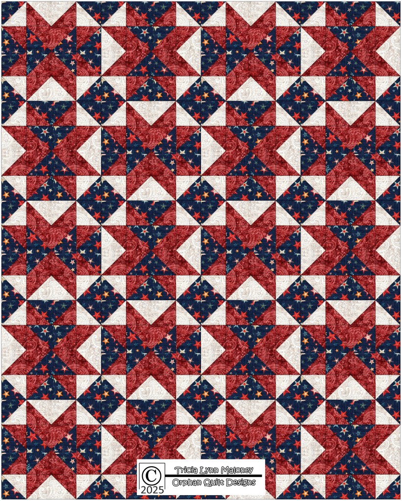 A colorful quilt featuring a Sawtooth Star design with red, white, and blue fabrics embellished with stars, arranged in a grid pattern.