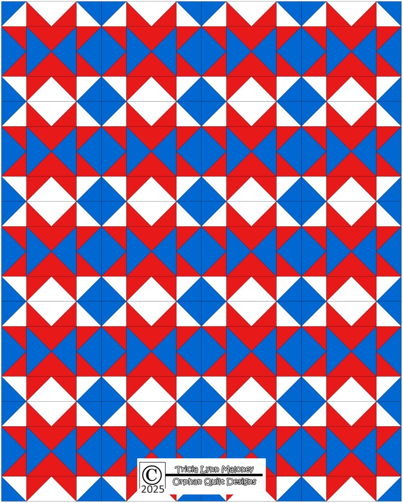 A quilt design featuring a pattern of interlocking red, blue, and white triangles arranged in a grid layout, with a central diamond shape in white.