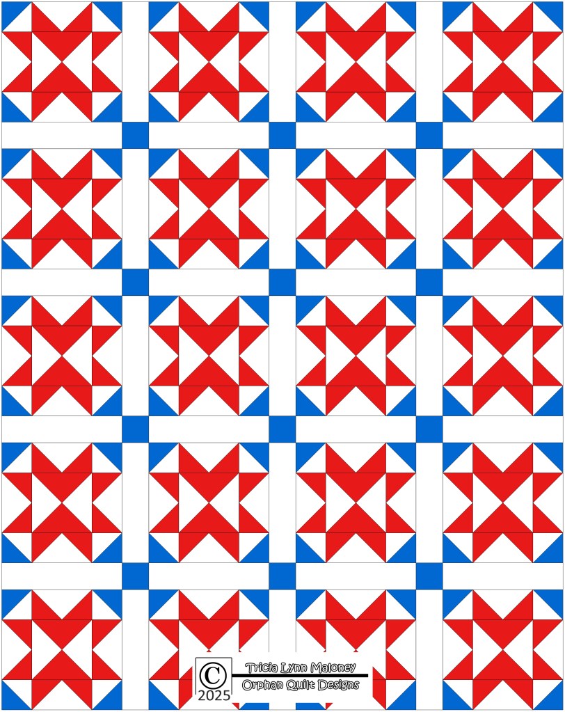 A quilt design featuring multiple Sawtooth Star blocks arranged in a grid pattern. The stars are colored in red and white with blue squares in between, creating a striking contrast against the white background.