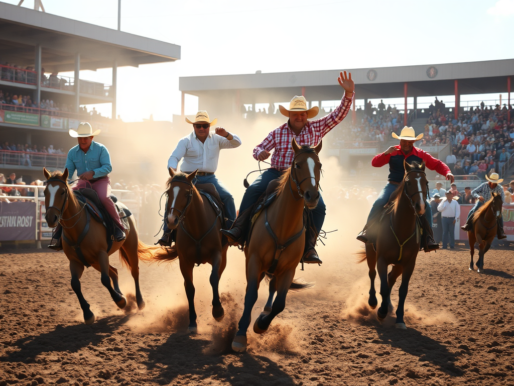 Four cowboys riding horses during a rodeo, raising their hands in excitement, with dust kicking up in the background and an audience visible in the stands.