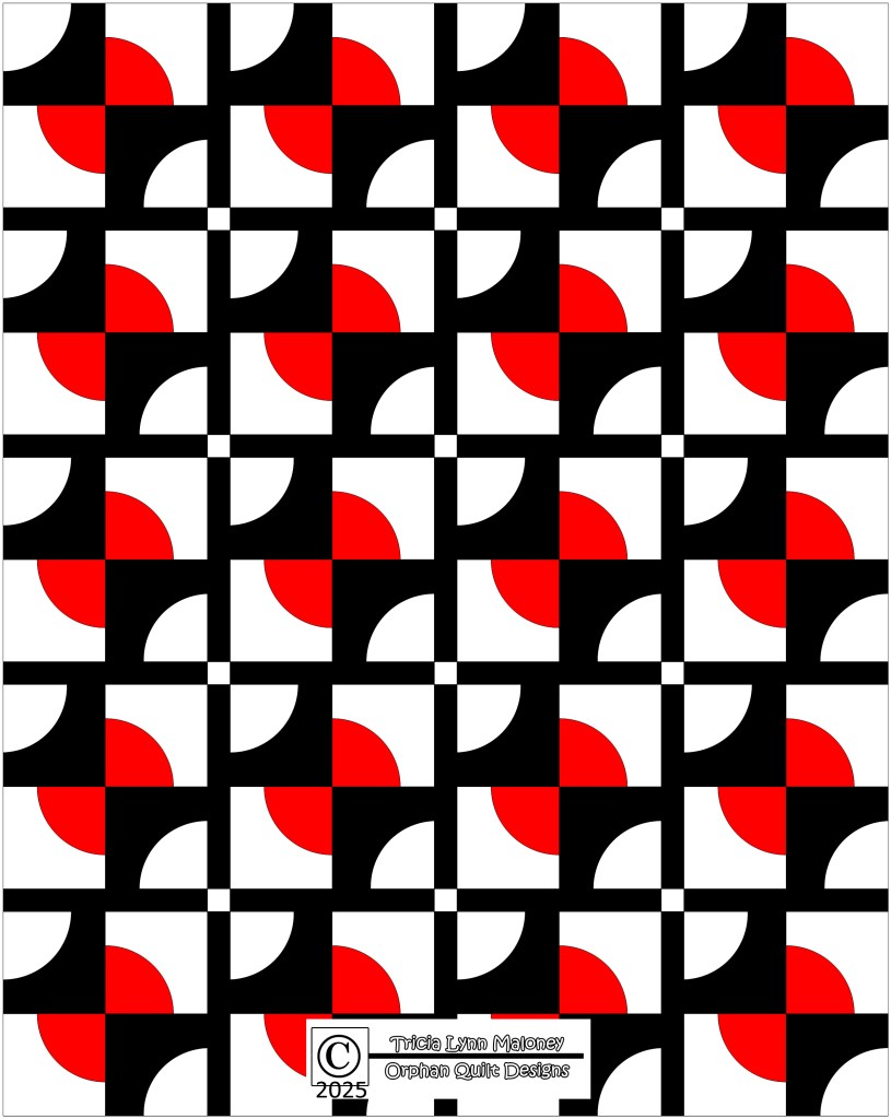 A geometric quilt design featuring alternating black, white, and red blocks with curved patterns, arranged in a checkerboard layout.