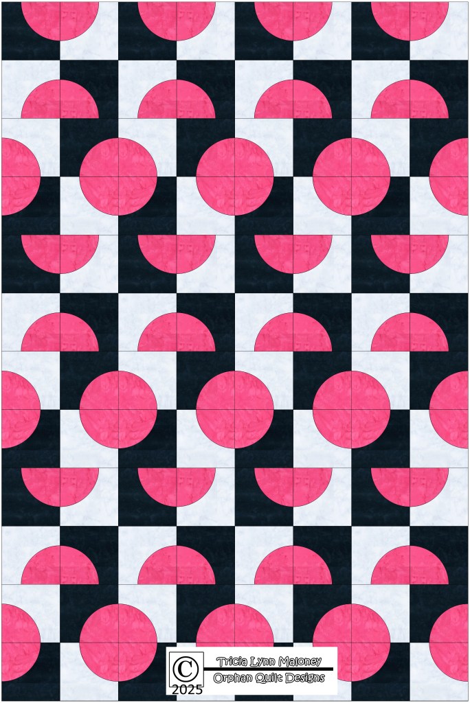 A quilt design featuring a repeating pattern of pink circles on a black and white grid background, with a copyright notice for Tricia Lynn Maloney, Orphan Quilt Designs.