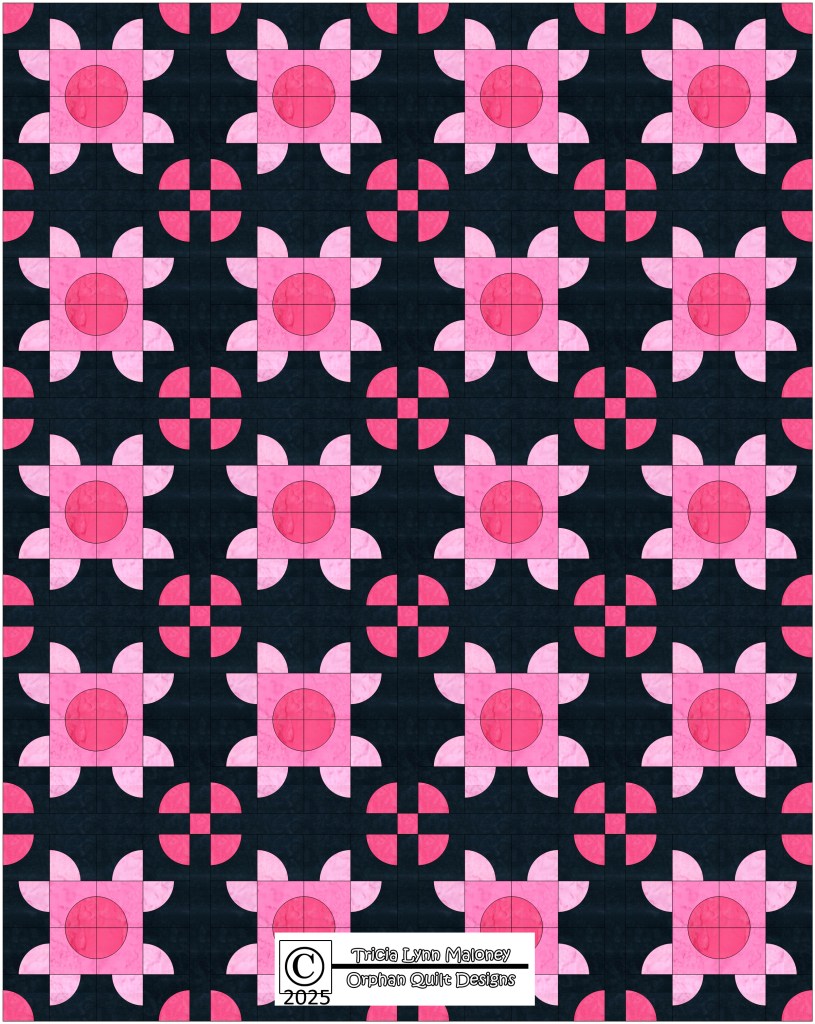 A quilt design featuring pink floral blocks and circular motifs on a dark background.