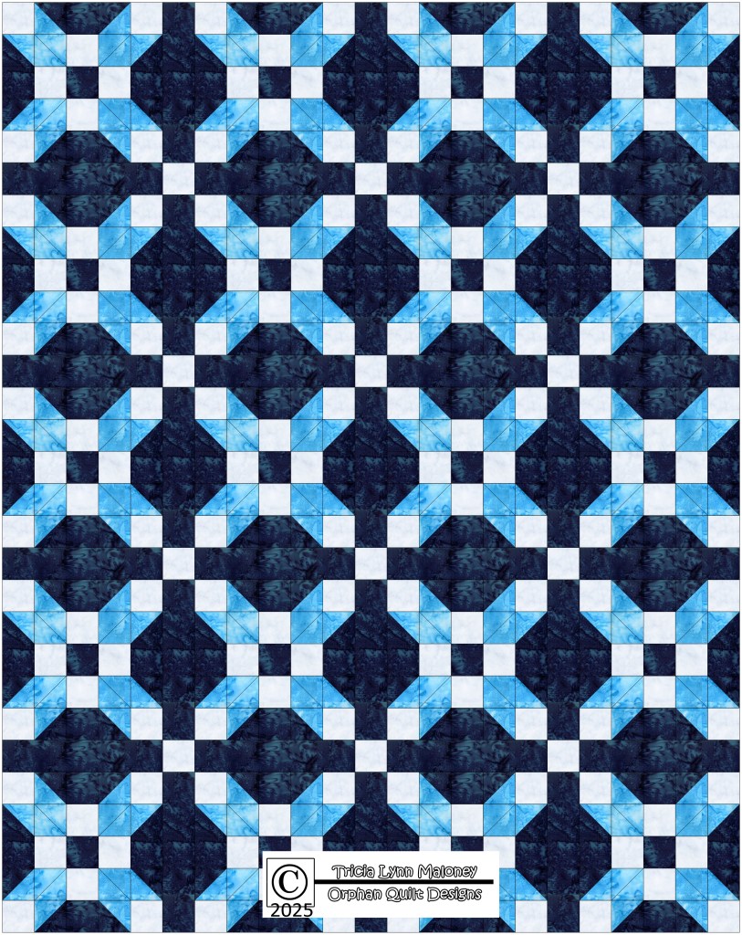 A quilt pattern featuring interconnected blue and white blocks set against a dark background, creating a geometric design.