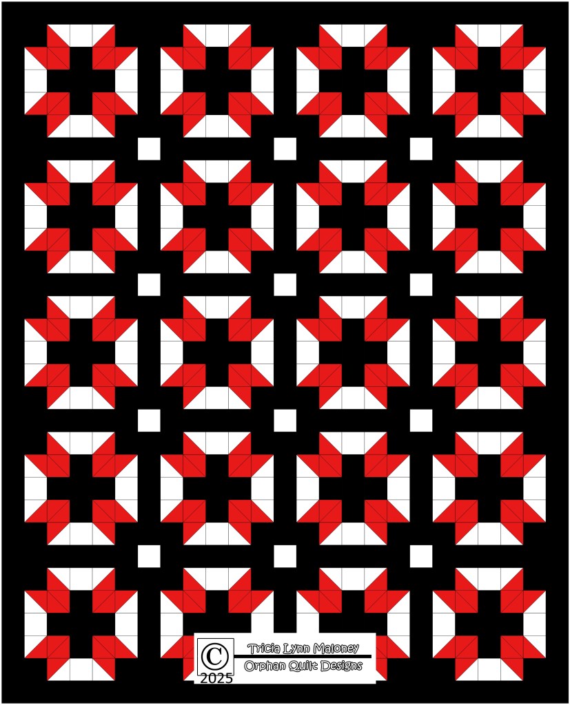 A patterned quilt design featuring alternating red and white blocks on a black background, showcasing a geometric star motif.
