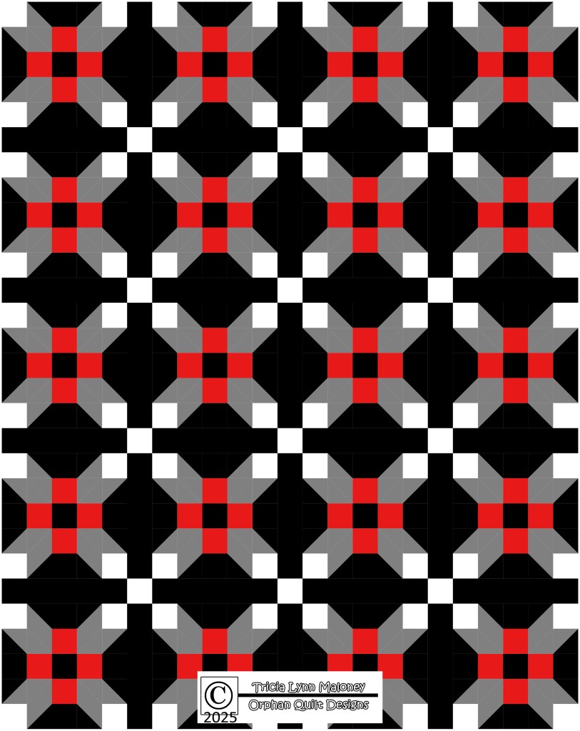 A quilt design featuring blocks with star-like shapes in red, gray, and white against a black background, creating a geometric pattern.