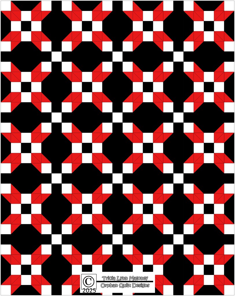 A quilt design featuring a bold pattern of alternating red and black shapes arranged on a black background, with white squares creating a checkered effect. The design includes intricate geometric shapes that resemble a stylized star or flower.