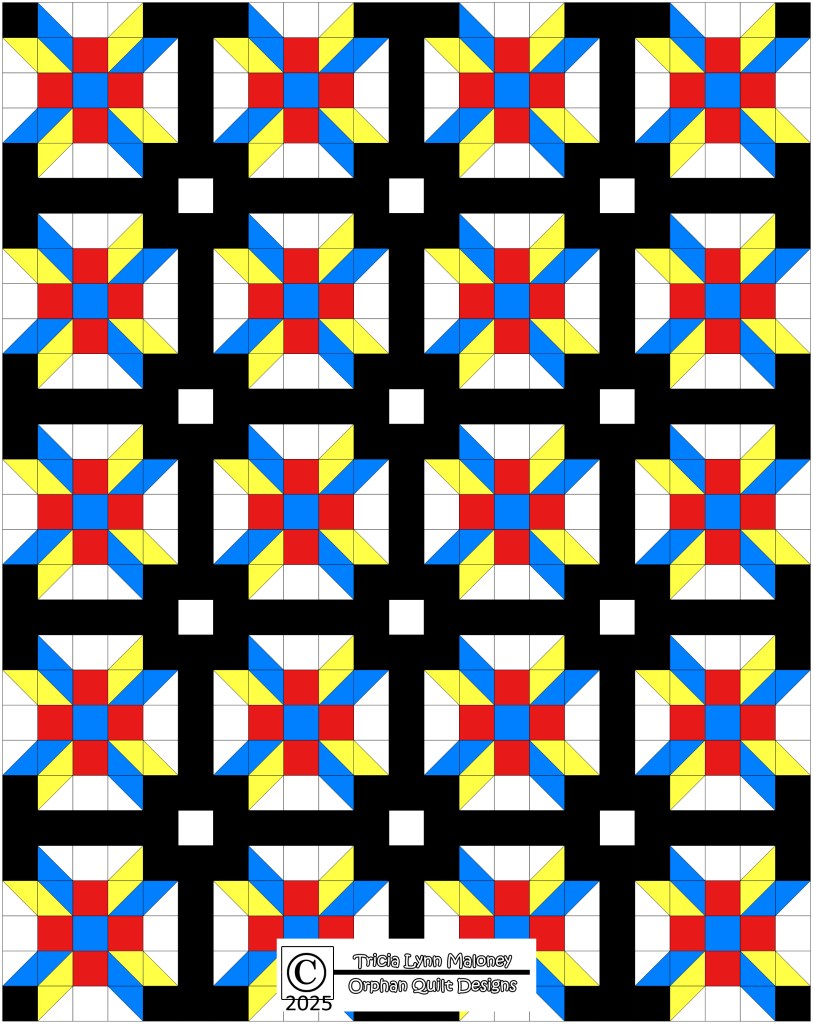 A colorful quilt design featuring a repeating pattern of star blocks in red, blue, yellow, and white, set against a black background. The blocks are arranged in a grid with alternating black and white sashing.