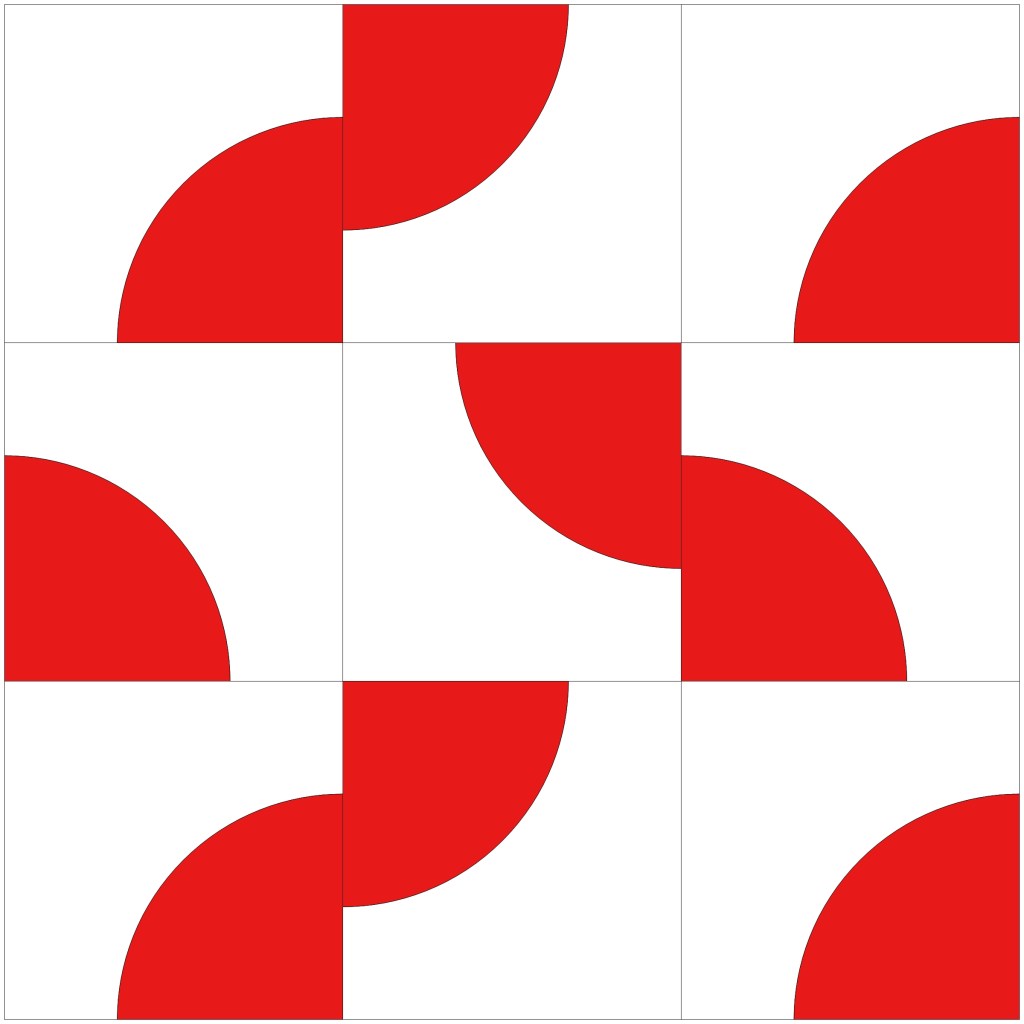 A Drunkard's Path quilt block design featuring a pattern of red and white curved shapes arranged in a 3x3 grid.