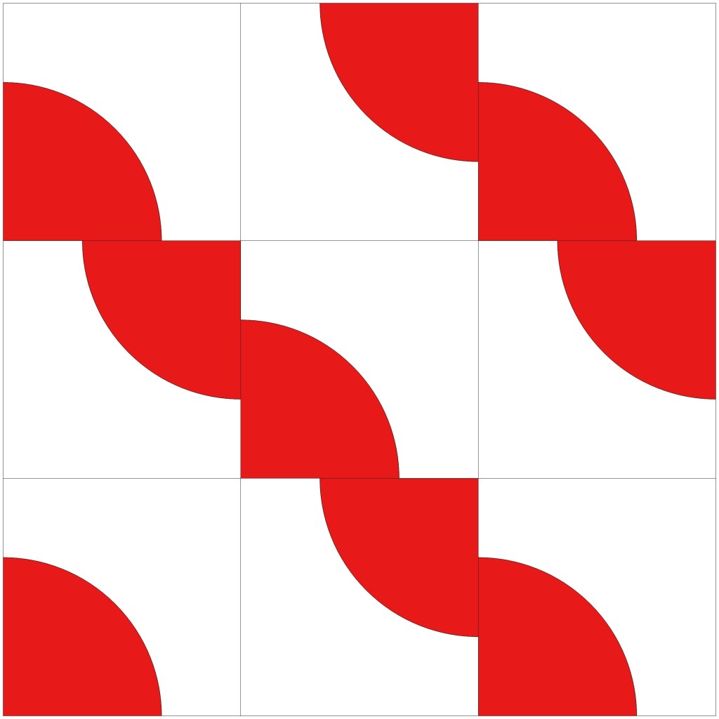 A Drunkard's Path quilt block design featuring a 2x2 grid with alternating red and white curved shapes.