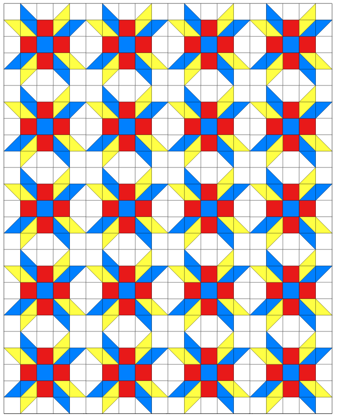 A quilt design featuring a repeating star pattern with red, blue, and yellow colors on a white background.
