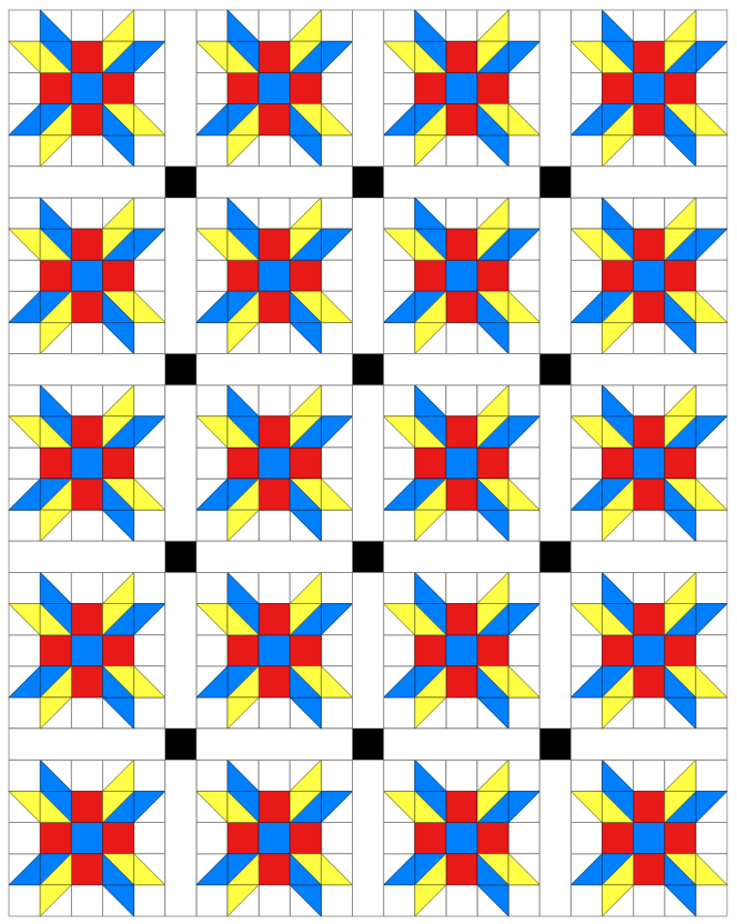 Quilt design featuring a repeating star pattern with red, blue, yellow, and white colors, arranged in a grid with black sashing.