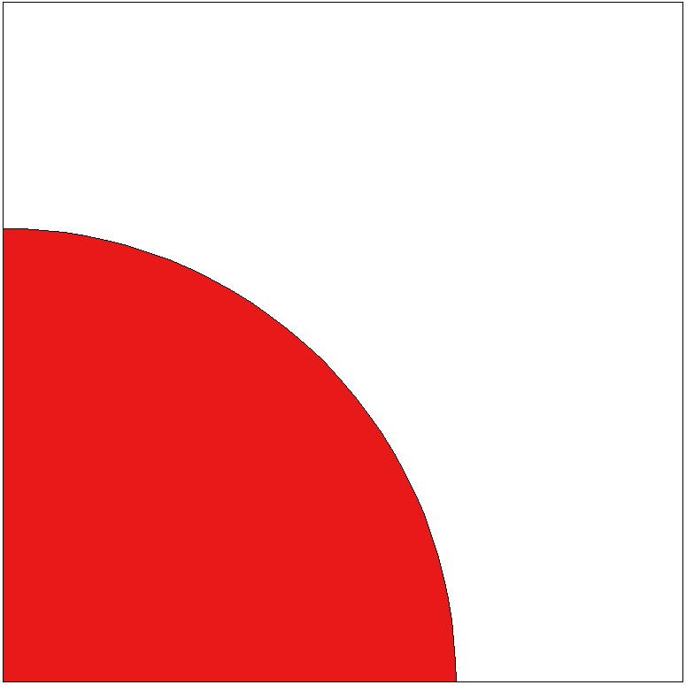 A basic Drunkard's Path quilt block unit featuring a red semicircle on a white background.