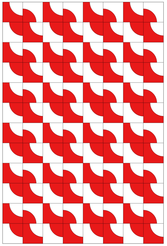 A quilt design featuring a repeating Drunkard's Path block pattern, alternating between red and white colors.