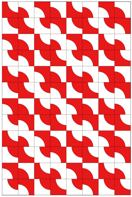 A digital quilt design featuring the Drunkard's Path block in a repeating pattern of red and white colors.