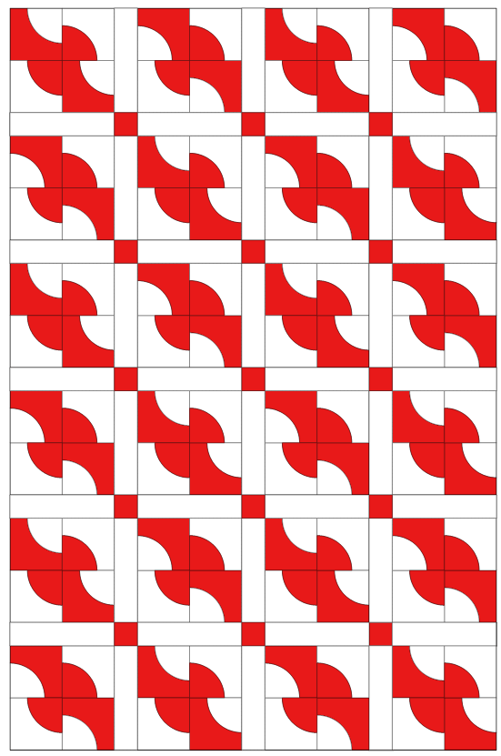 A quilt design featuring a repeated Drunkard's Path block pattern in red and white colors arranged in a grid layout.